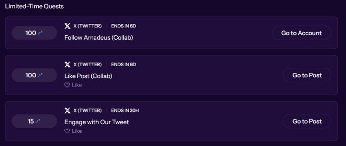 A screenshot of limited-time quests offering rewards for X (Twitter) actions like 'Follow Amadeus (Collab)' for 100 points and 'Like Post (Collab)' for 100 points, with 6 days remaining.