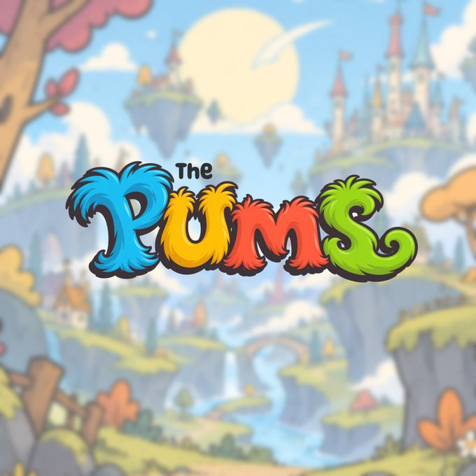 A colorful illustrated fantasy landscape serves as the backdrop for 'The Plums' game logo, featuring Dr. Seuss-style furry multicolored lettering.