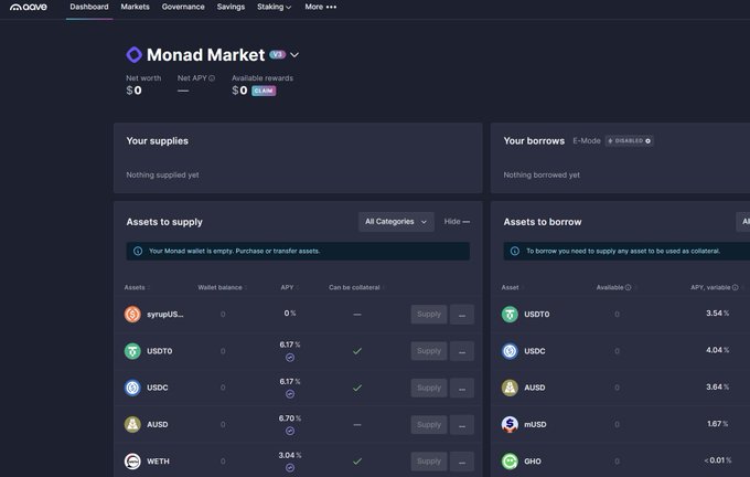 AGVE DeFi dashboard showing the Monad Market with zero net worth and empty supplies/borrows, listing supply assets like USDTO, USDC, AUSD, WETH and borrow assets including USDC and mUSD.