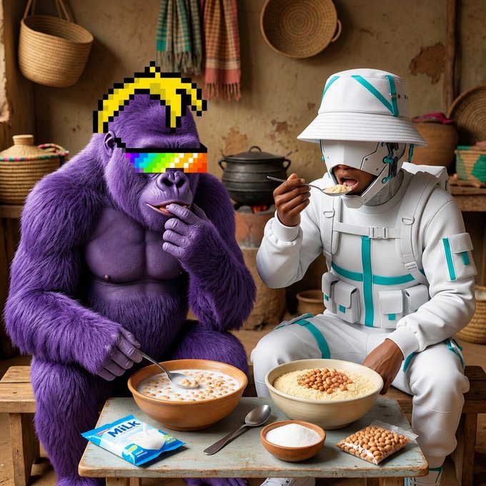 A surreal scene of a purple gorilla wearing pixelated sunglasses sitting at a table eating cereal and porridge with a person dressed in a white tactical outfit and bucket hat, in a rustic kitchen setting.