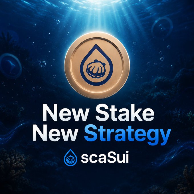 A promotional graphic set against an underwater scene features a gold coin with a shell-and-droplet logo above the text "New Stake New Strategy" and the "scaSui" branding, visually representing the Scallop.io staking announcement highlighted in the post.