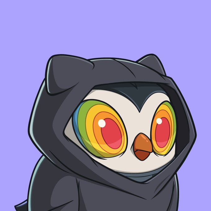 A digital illustration of an owl character wearing a dark hooded cloak, featuring large expressive eyes with rainbow-colored irises and a small orange beak against a purple background.