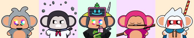 A row of five cartoon monkey characters in various costumes, including a samurai, a samurai with rocks, a robot, a monk, and a warrior.