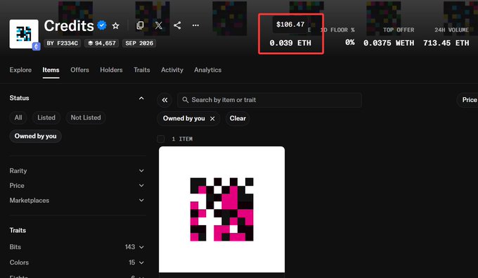An NFT marketplace listing for "Credits" showing a pixelated pink and black artwork priced at $106.47 / 0.039 ETH, owned by user F2334C with 94,657 items.