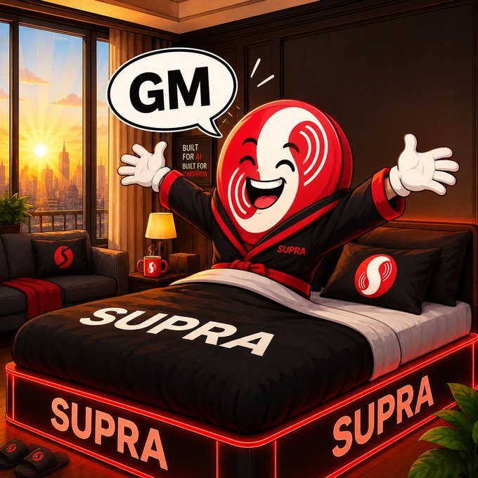 An AI-generated promotional image of a red and white 'SUPRA' mascot wearing a robe, sitting on a 'SUPRA'-branded bed with arms outstretched, with a speech bubble reading 'GM'.