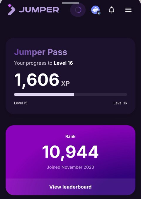 A Jumper app profile screen showing 'Jumper Pass' with 1,606 XP progressing toward Level 16, and a Rank of 10,944 for joining November 2023.
