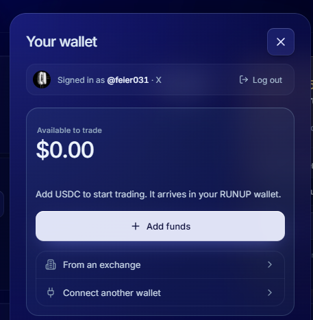 A 'Your wallet' modal showing a signed-in user @feler031 with $0.00 available to trade and options to 'Add funds', 'From an exchange', or 'Connect another wallet'.