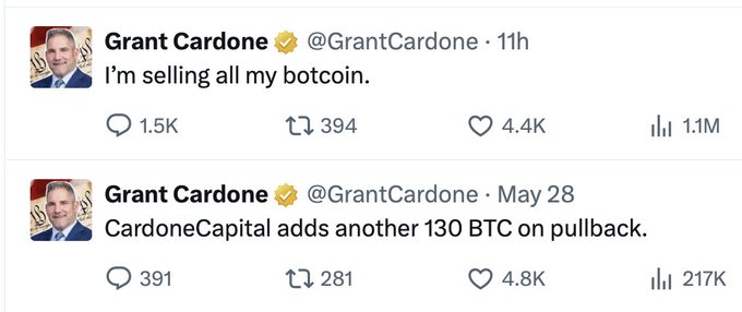 The image features two posts about a man named Grant Cardone, with one being a Twitter account dedicated to selling Bitcoin. The other post contains several different sentences that may or may not be related to the original post. One of these sentences includes an estimate that purchasing bitcoin is "like selling all of my botocoin." This comparison suggests that buying and selling bitcoin could potentially yield more profits compared to holding it.