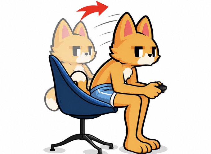 A cartoon illustration shows an orange cat sitting on a blue office chair playing a video game, with motion lines indicating sudden movement and a red arrow above its head, suggesting frustration or a jump scare.