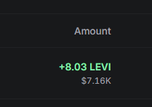 A dark-themed image displays the label "Amount" at the top, followed by "+8.03 LEVI" in green text and "$7.16K" below it, visually representing a recent purchase of 8.03 Levi tokens (worth approximately $7,160) that matches the post announcing a $7K buy of the $LEVI token.