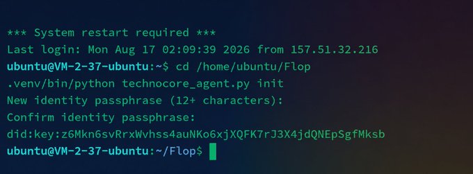 A terminal screenshot showing the initialization of a "technocore_agent.py" command on an Ubuntu VPS, which generated a new identity key "z6Mkn6svRrxWvhshs4auNKo6xjXQFK7rJ3X4jdQNEpSgfMksb" for the Flop Labs agent, aligning with the post's instructions to automate the Flop Labs setup process using a VPS.