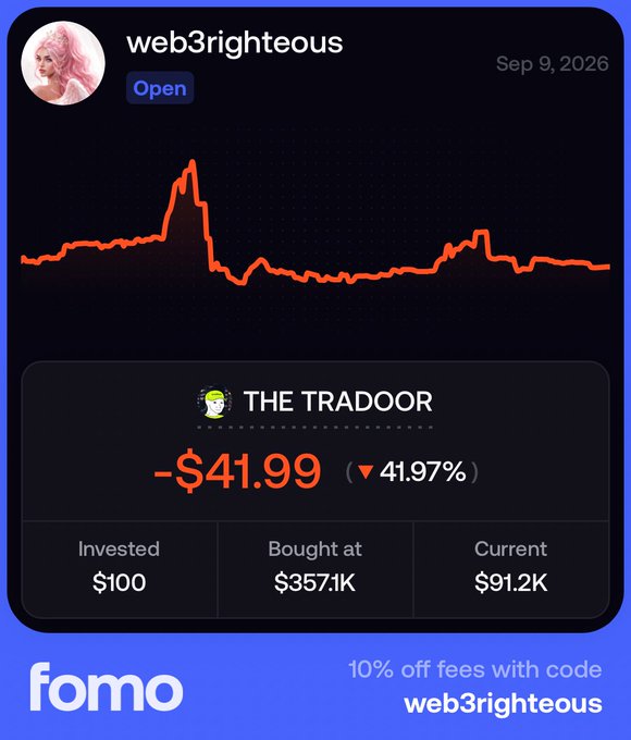 The image is a promotional graphic from "fomo" showing user web3righteous's portfolio for "THE TRADOOR," which is down 41.97% (-$41.99) from a $100 investment, currently worth $91.2K after buying at $357.1K. The chart and accompanying post illustrate the user's $42 loss on a trading call, reflecting their decision to cut losses early while still holding a small "moonbag."