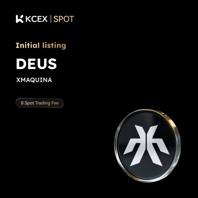 The image features a black background with a white logo for a cryptocurrency called Deus, which stands out against the dark backdrop. The text "KCEX" and "spot trading fees" are also present in the image. The main content of the image is an explanation about the Deus cryptocurrency, stating that it's a decentralized ecosystem providing structured access to the robotics capital markets through governance-led capital allocation.
