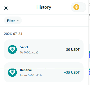 Mobile app 'History' screen dated 2026-07-24 showing a USDT Send of -30 USDT to 0x00...cda6 and a Receive of +35 USDT from 0x60...d01c.