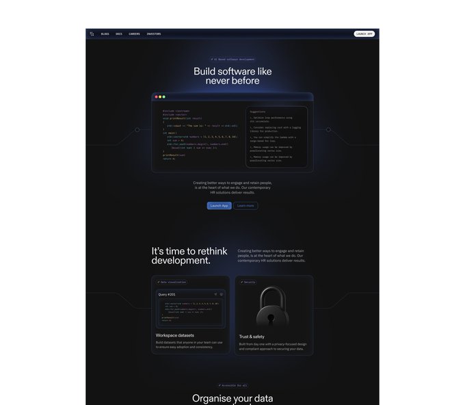 A website screenshot titled 'Build software like never before' showing code samples and sections for 'It's time to rethink development' featuring Workspace datasets and Security, with a 'Launch App' button.