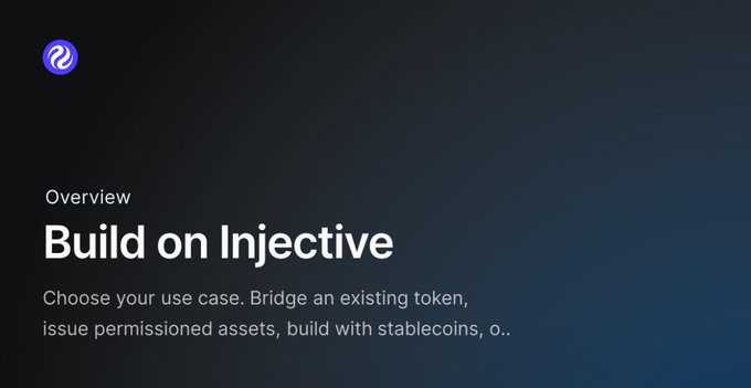 An Injective 'Build on Injective' overview slide inviting users to choose a use case such as bridging tokens, issuing permissioned assets, or building with stablecoins.