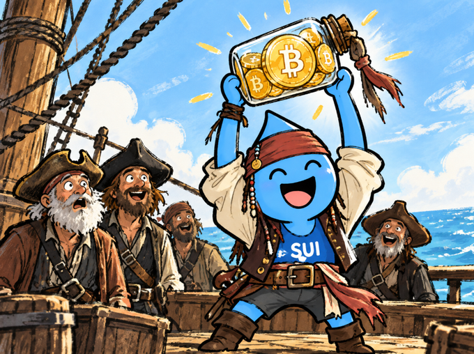 A cartoon illustration of the Sui blockchain mascot, a blue character wearing a pirate outfit, holding up a jar of Bitcoin coins on a pirate ship with three cartoon pirates looking on admiringly.