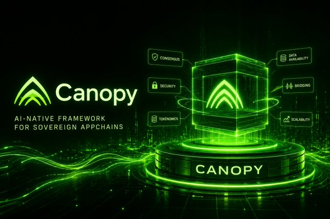 The image features a green cube that has the word "CNPY" written on it. The cube is surrounded by various icons related to the company's services or products. These icons include a security icon, a privacy icon, an app icon, and a currency icon. The background of the image is black with neon green lines, creating a futuristic and modern atmosphere.