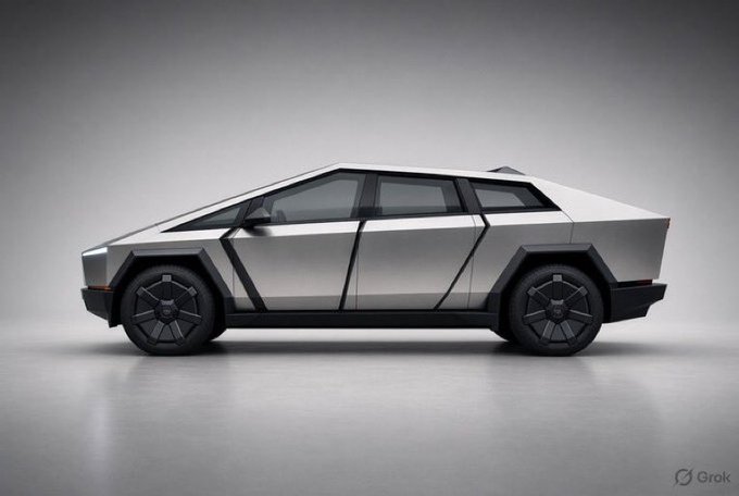 A Tesla Cybertruck is shown in profile view against a minimalist gray background, with a "Grok" watermark in the bottom right corner. The image ties to the post as a visual representation of Tesla's $TSLA product lineup, referenced alongside discussion of upcoming Q3 production, deliveries, and energy storage numbers.