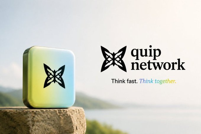 The image features a square app icon with a butterfly design sitting atop a rock. The background of the image shows a beautiful view of water and mountains, creating an appealing visual contrast between nature and technology. Below the app icon, there's text that reads "quip network" followed by "Think fast. Think together." This phrase emphasizes the importance of collaboration and efficiency in today's interconnected world.