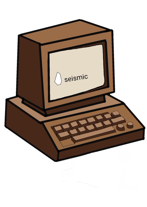 A vintage-style cartoon computer displays the "seismic" logo on its screen, symbolizing the brand's tech-forward approach. The retro illustration aligns with the post's theme of Seismic leading privacy and decentralization in the Web3 space.