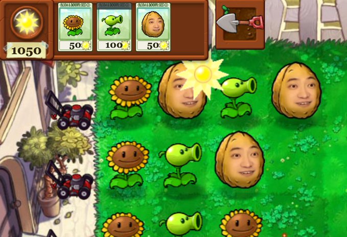 A screenshot of a custom "Plants vs. Zombies" mod shows the sunflower, peashooter, and a third plant replaced with a meme face ("Nut") priced at 50 sun, alongside a 1050 sun counter and 50/100 cost cards, parodying the meme coin promoted in the post.