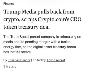 A news headline reading 'Trump Media pulls back from crypto, scraps Crypto.com's CRO token treasury deal' with subtext about refocusing on media and a merger.
