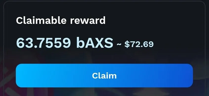 A digital interface showing a claimable reward of 63.7559 bAXS valued at approximately $72.69, with a blue 'Claim' button.