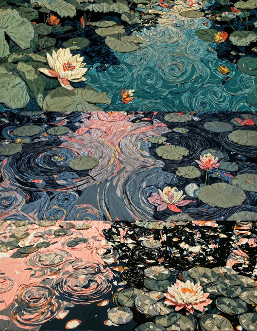 A stylized illustration depicts water lilies and lily pads on a pond, rendered in four different color palettes including teal, blue-gray, pink, and dark night tones, reminiscent of Van Gogh's Starry Night style.