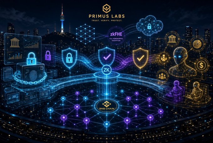 A digital graphic for 'PRIMUS LABS' with the tagline 'TRUST. VERIFY. PROTECT.' features security shields, lock icons, and 'zkFHE FULL HOMOMORPHIC ENCRYPTION' centered above a 'BNB CHAIN' network diagram.