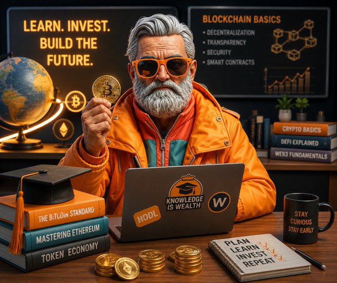 An illustrated crypto-themed image of a bearded man with orange sunglasses holding a Bitcoin, surrounded by books like "Mastering Ethereum," a laptop labeled "Knowledge is Wealth," and text "LEARN. INVEST. BUILD THE FUTURE."