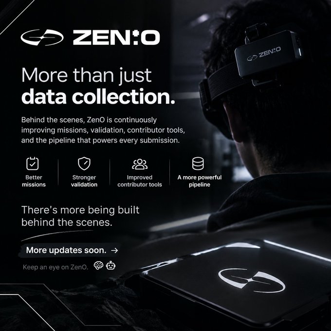 A promotional graphic for ZenO stating 'More than just data collection,' featuring a person wearing a ZenO VR/AR headset with bullet points for 'Better missions,' 'Stronger validation,' 'Improved contributor tools,' and 'A more powerful pipeline.'