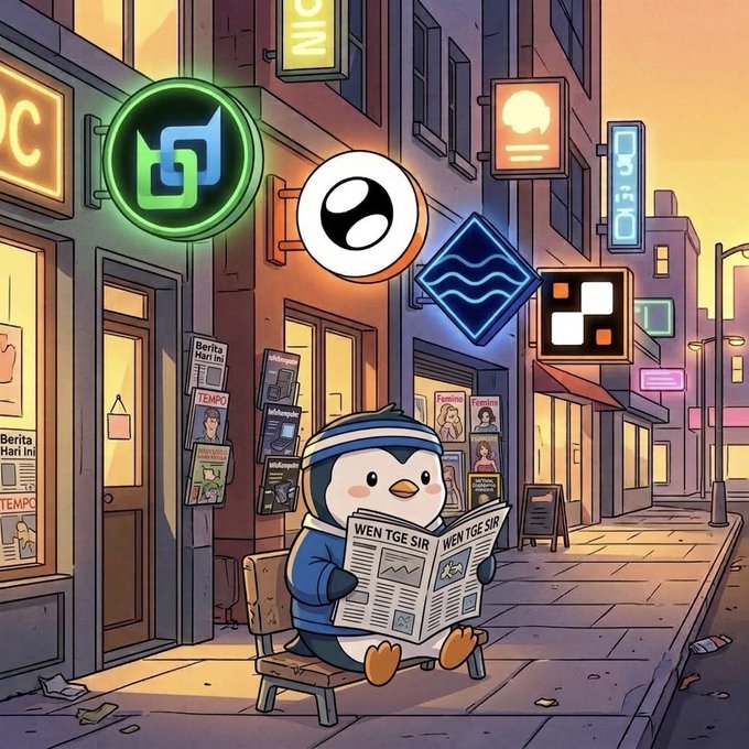An illustrated penguin wearing a blue striped hat and outfit sits on a bench reading a newspaper titled 'WEN TGE SIR' on a street lined with various cryptocurrency logo signs.