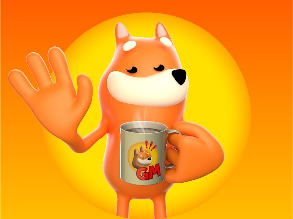 The image features a cartoon dog holding an orange coffee cup with a red "Gm" logo, standing against a yellow background that resembles a sunset or sunrise. The text "Gm Touch grass later. Touch charts first." appears near the bottom of the image. This suggests that the dog is likely promoting a product related to gardening and plant care, as it is holding an orange coffee cup with a red "Gm" logo on it while standing in front of a yellow background resembling a sunset or sunrise.