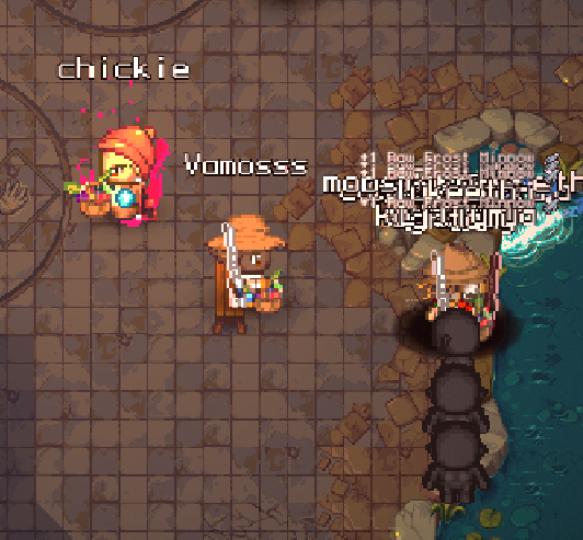A screenshot from a pixel-art game showing characters on a stone tiled floor near a cave entrance, with usernames including 'chickie', 'Vomosss', and a cluster of overlapping names like 'Bone Beast', 'Robyn', 'RikkitishBobasghoti', and 'Rawbadonutbat' floating above them.