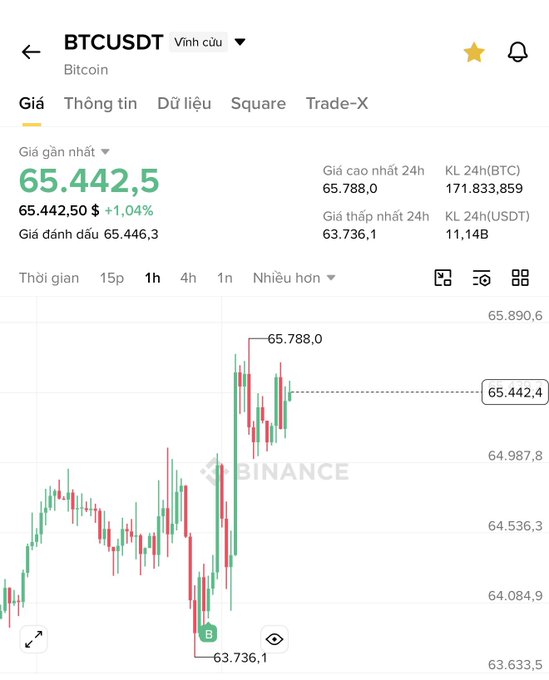 A Binance trading chart for BTCUSDT showing Bitcoin's current price at $65,442.50, up 1.04%, with 24h high of 65,788.0 and low of 63,736.1.