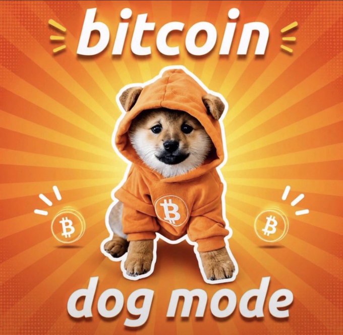 A promotional meme graphic showing a Shiba Inu puppy in an orange Bitcoin hoodie with 'bitcoin' and 'dog mode' text on an orange sunburst background.