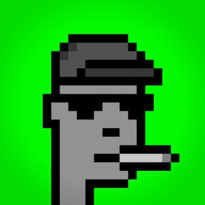 A pixel art image of a character in profile wearing a hat and smoking a cigarette against a bright green background.