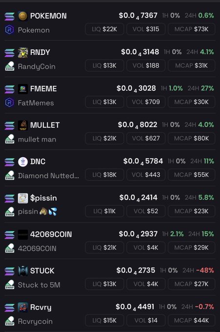 A cryptocurrency market tracker showing meme tokens on Solana/Raydium including POKEMON ($0.047367), RNDY ($0.043148), FMEME ($0.043028), MULLET ($0.048022), DNC, $pissin, 42069COIN, STUCK, and Rcvry with their liquidity, volume, and market cap data.