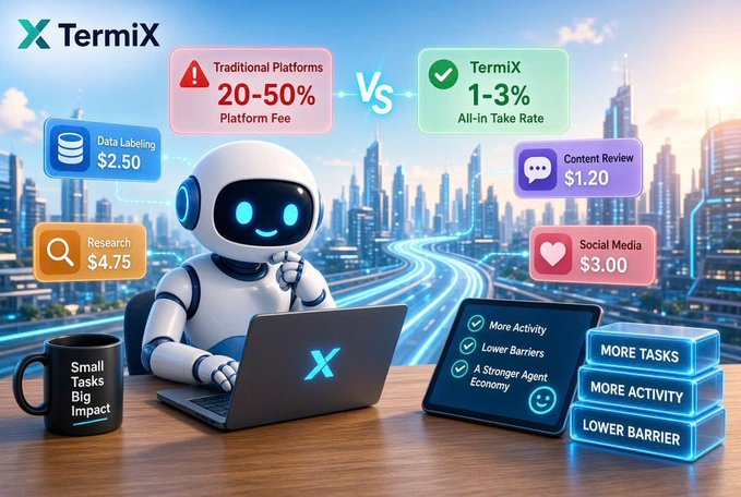 A promotional graphic for 'TermiX' featuring a robot mascot with a laptop, comparing traditional platforms (20-50% fees) vs TermiX (1-3% all-in take rate) with various task prices like Data Labeling ($2.50), Content Review ($1.20), Research ($4.75), and Social Media ($3.00).
