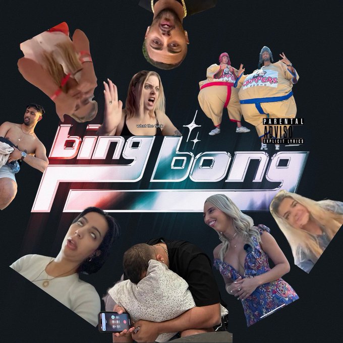 The image is a collage promoting "Bing Bong," featuring stylized retro 80s-style metallic logo text with "what the stick" written above it and a "Parental Advisory Explicit Lyrics" badge on the right. The collage includes various photos of people in provocative and chaotic poses—some upside-down, in inflatable sumo costumes, kissing, or making expressive gestures—alongside a man holding a phone showing what appears to be a trading chart. The accompanying post about "@joinbingbong" waking up to the market ties into the meme's cultural reference of "Bing Bong," slang for excitement or alertness, humorously linking the chaotic, attention-grabbing collage to the idea of the crypto/market community rallying and paying attention to Bing Bong's activity.