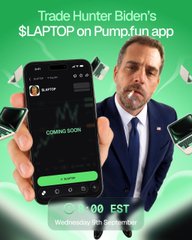 A green-themed advertisement featuring Hunter Biden with text reading 'Trade Hunter Biden's $LAPTOP on Pump.fun app' alongside a smartphone showing the Pump.fun interface.