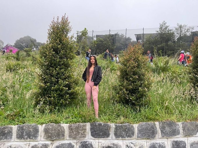 A young woman in a pink top and ripped pink jeans stands smiling in a grassy area with bushes, while other people are visible in the misty background.