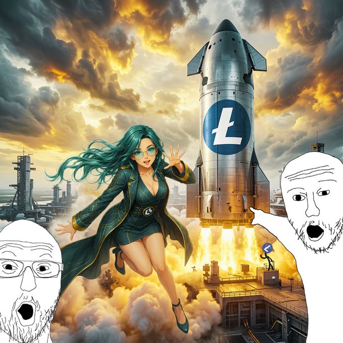 The image features a woman with long hair wearing a green dress, flying through the air next to a silver rocket ship that has the word "Litecoin" written on its side. The rocket ship appears to be launching into space or taking off from an airport runway. In the background, there is a city skyline visible against a cloudy sky. The image also includes text that reads "Litecoin Meta Hyperdrive."
