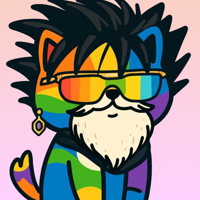 A colorful cartoon cat wearing rainbow-striped sunglasses and sporting a beard, perfectly matching the rainbow theme of the $COLORS ticker referenced in the cheerful good-night and bullish post.