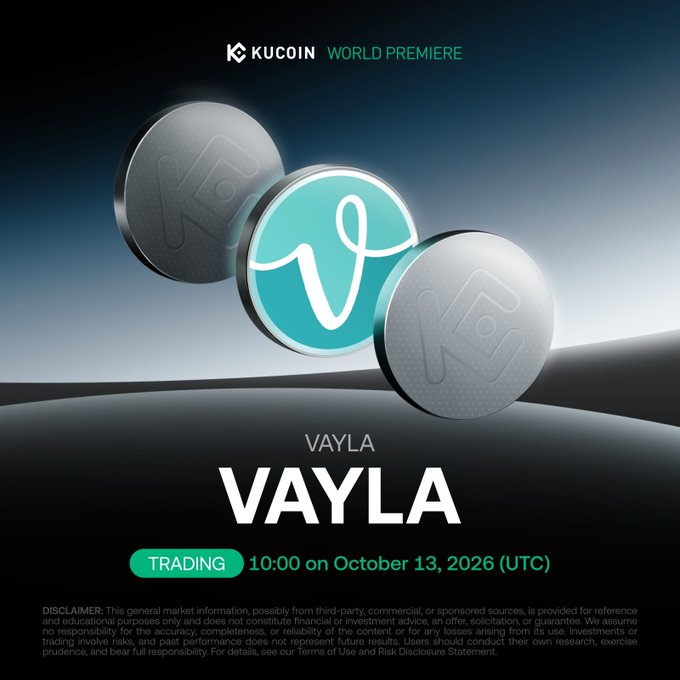 Promotional graphic announcing KuCoin's "World Premiere" listing of VAYLA, featuring the token's teal and silver coin logo, with trading scheduled to begin at 10:00 UTC on October 13, 2026.