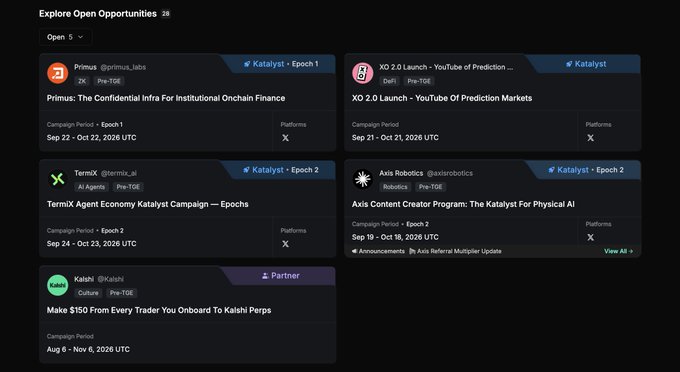 A dark-themed webpage displays 'Explore Open Opportunities' featuring crypto project campaigns including 'Primus', 'XO 2.0 Launch', 'TermiX Agent Economy Katalyst Campaign', 'Axis Robotics', and a 'Kaishi' referral program.