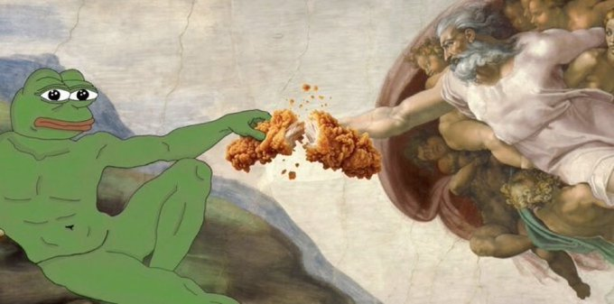 This image is a meme parodying Michelangelo's *The Creation of Adam*, replacing Adam with a green Pepe the Frog character to depict him reaching for a piece of fried chicken ("tendies") held by God. The accompanying text "cashcat ran so tendies could fly higher tendies coded, wen rh listing? soon few" uses internet slang to humorously suggest a cryptocurrency project ("tendies") is about to launch or list on a major exchange.