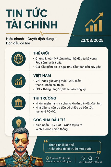 A Vietnamese financial news infographic titled 'TIN TỨC TÀI CHÍNH' dated 23/08/2025, covering global markets, VN-Index, banking sector, and investor mindset, featuring a stylized illustrated man in uniform.