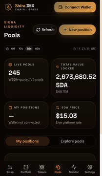 This image shows the Sidra DEX interface, highlighting the "Pools" section where users can add liquidity to earn rewards, mirroring the call to action in the accompanying post.